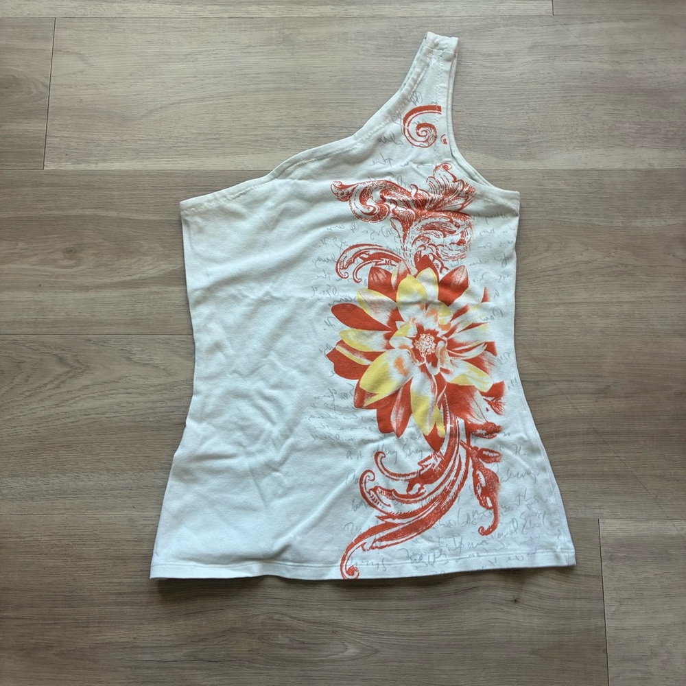 Women’s One-Shoulder Floral Tank Top - White with Orange & Yellow